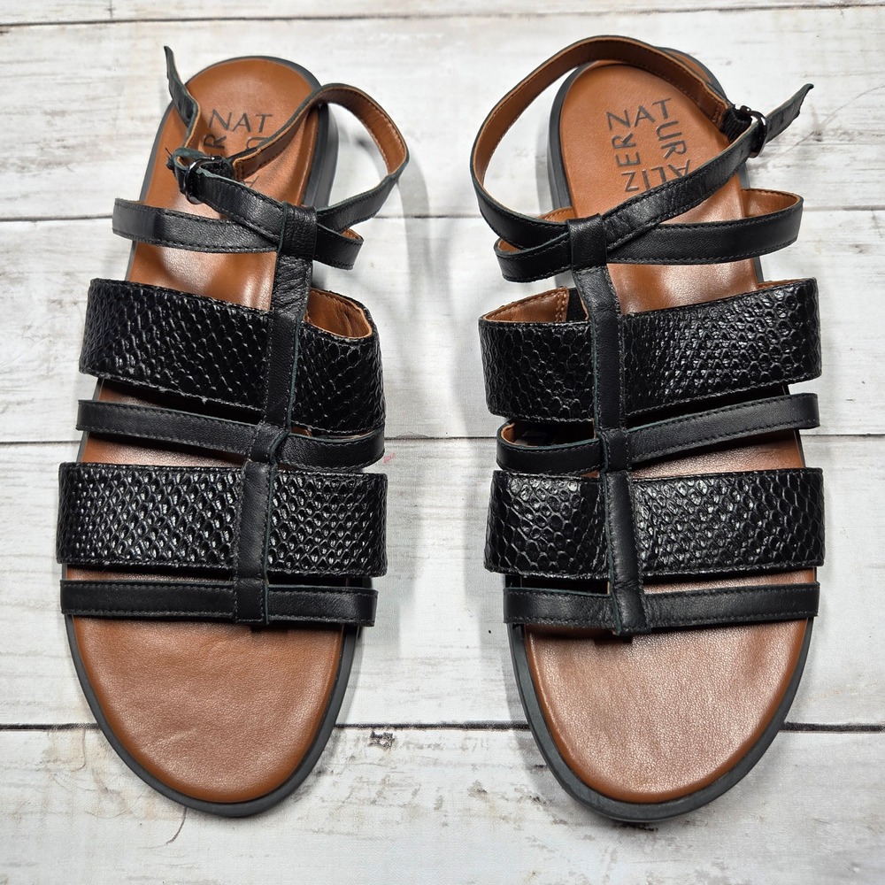 Naturalizer‎ Fianna Gladiator Sandals Women 8 Black Leather Snake Embossed Flat
